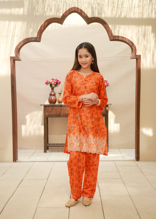 Bright Orange 2pcs Embroided Set KST 156