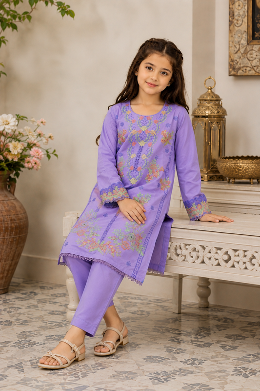 Purple Embroidered 2Pcs Kurta Set KST 214