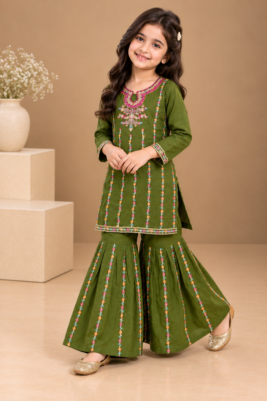 Green Embroidered Gharara KST 219