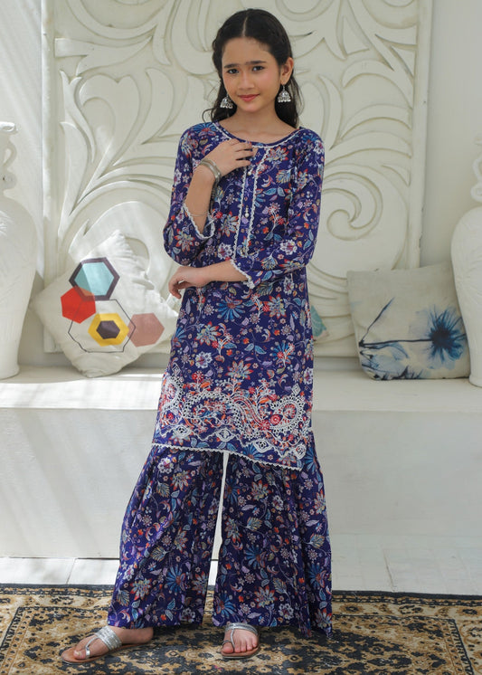 Cobalt Blue Embroidered Gharara KST 194