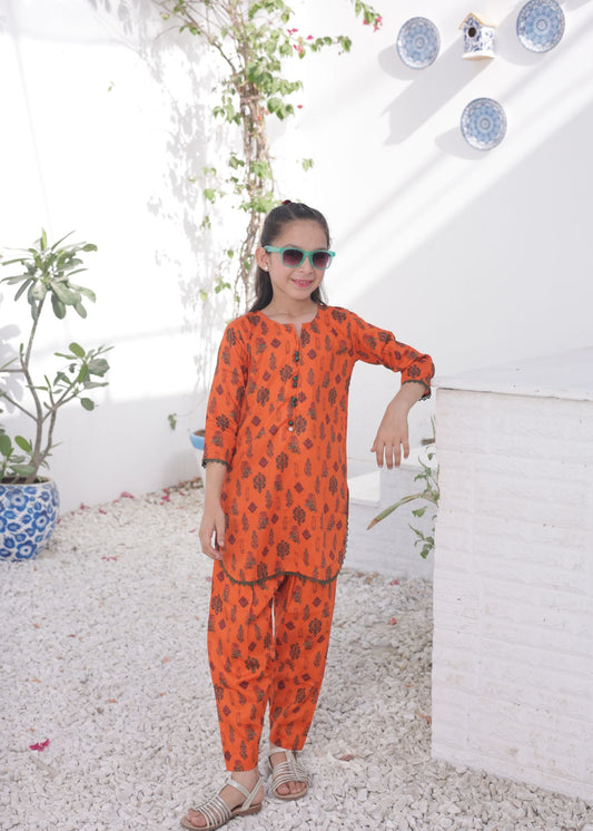 Flame Orange 2pcs Printed Style Suit-KST 049