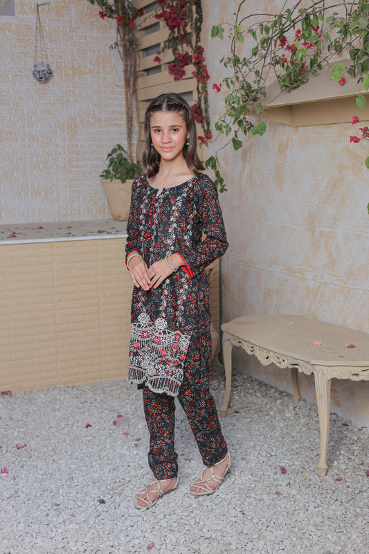 Black And White 2pcs Embroidered Suit KST 062