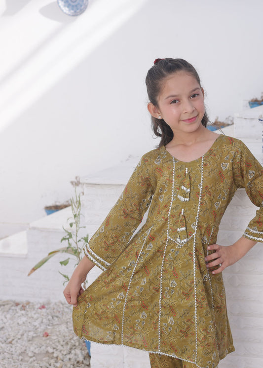Cactus Green 2pcs Printed Frock Suit-KST 044