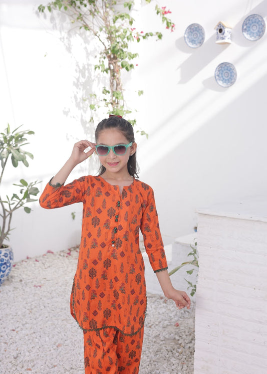 Flame Orange 2pcs Printed Style Suit-KST 049