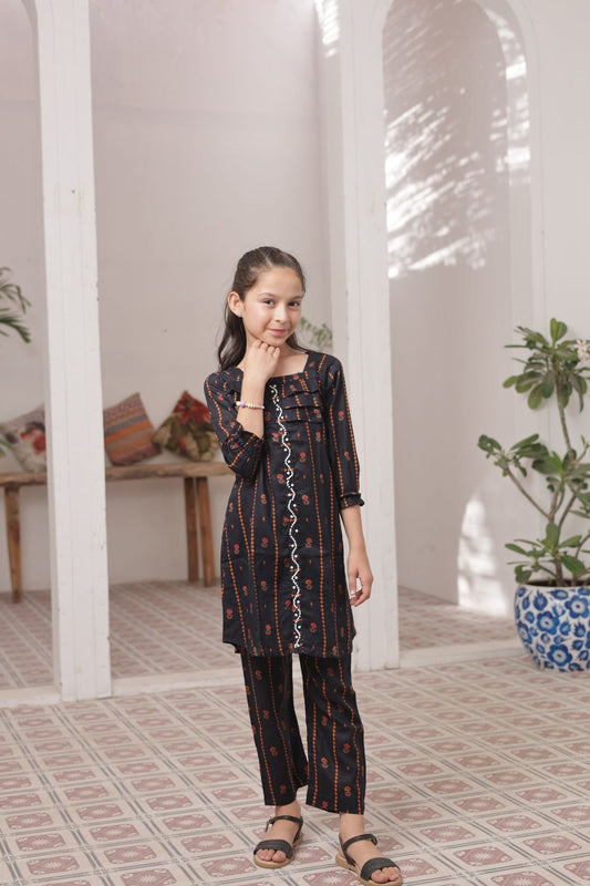 Raven Black 2pcs Printed Frock Suit-KST 046