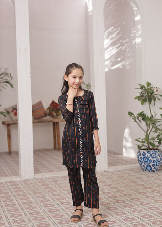 Raven Black 2pcs Printed Frock Suit-KST 046