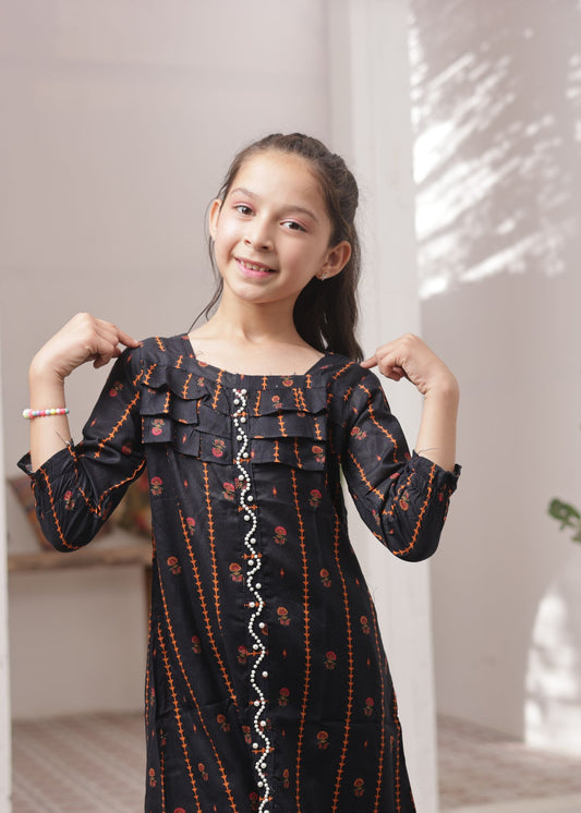 Raven Black 2pcs Printed Frock Suit-KST 046