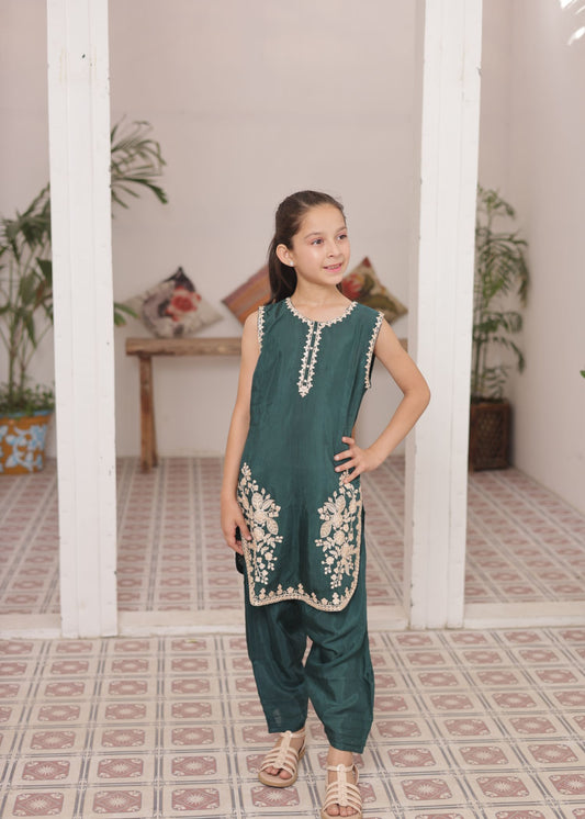 Hunter Green 2pcs Raw Silk Suit-KST 054