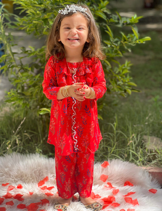 Crimson Pink 2pcs Printed Frock Suit-KST 043