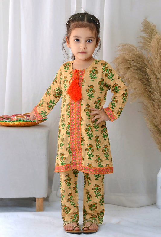 Yellow Cream Front Open Embroidered 2pcs-KST 065