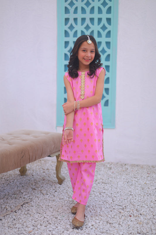 Pink 2 Pcs Straight Shirt With Trouser-KST 004