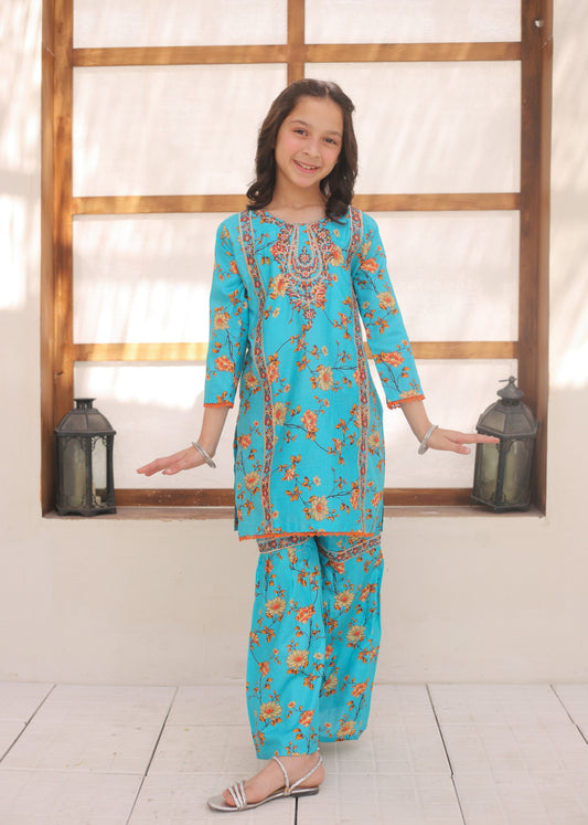 Turquoise Blue Embroidered Gharara KST 149
