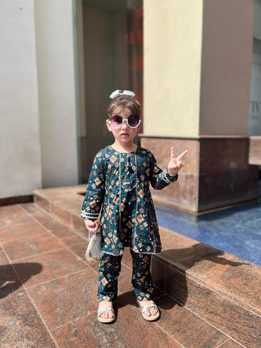 Spring Green 2pcs Printed Frock Suit-KST 045