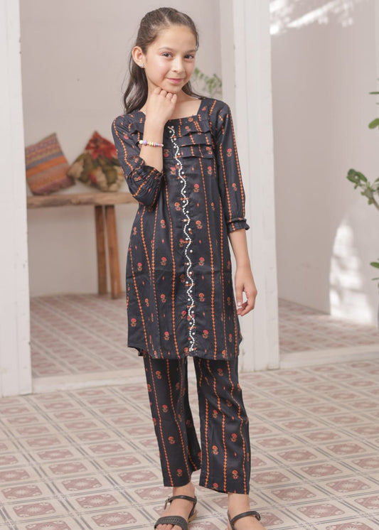 Raven Black 2pcs Printed Frock Suit-KST 046