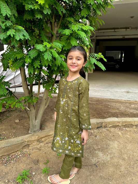 Olive Green Embroidered Suit KST 0073