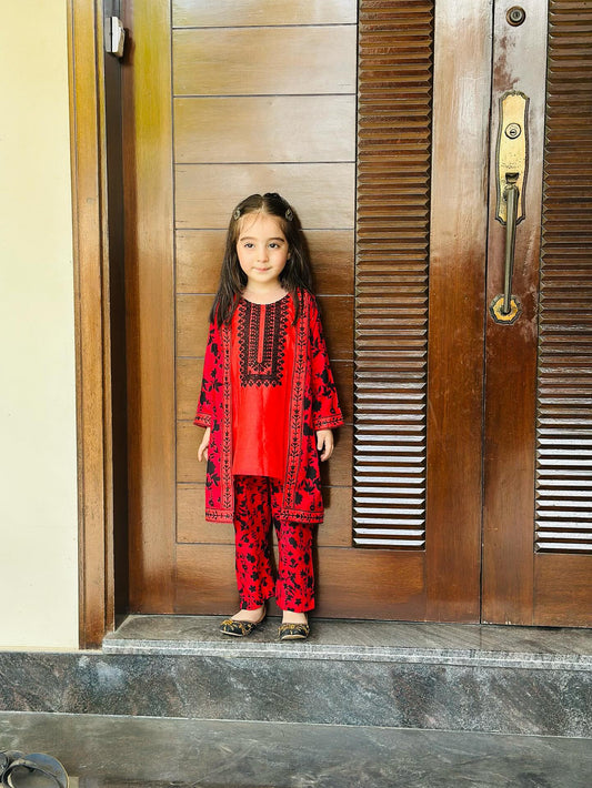 Rose Red Coat Style 2Pcs Embroidered Suit - KST 060