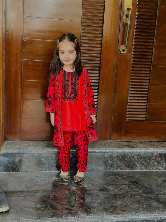 Rose Red Coat Style 2Pcs Embroidered Suit - KST 060