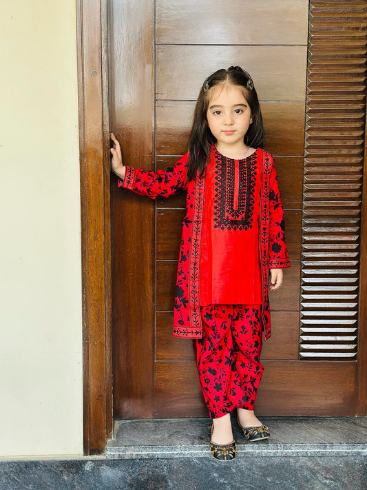 Rose Red Coat Style 2Pcs Embroidered Suit - KST 060
