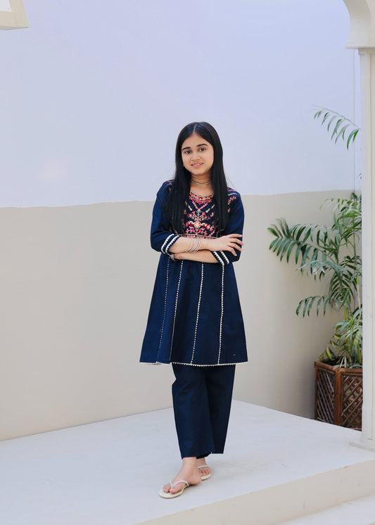 Navy Blue Embroidered 2Pcs Suit KST 125