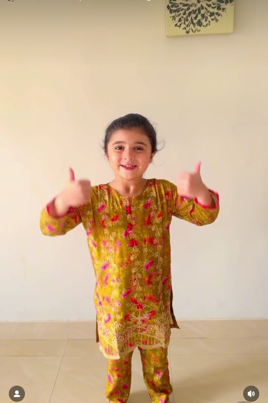 Yellow Cream Front Open Embroidered 2pcs-KST 065