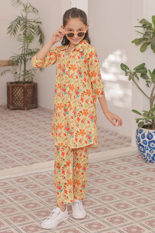 Pastel Cream 2pcs Printed Co-Ord Suit-KST 047
