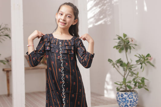Raven Black 2pcs Printed Frock Suit-KST 046