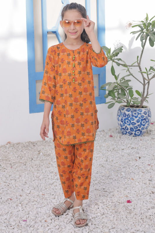 Burnt Orange 2pcs Printed Style Suit-KST 050