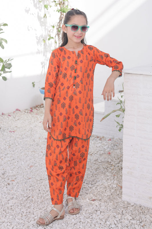Flame Orange 2pcs Printed Style Suit-KST 049