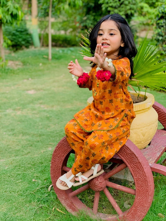 Burnt Orange 2pcs Printed Style Suit-KST 050